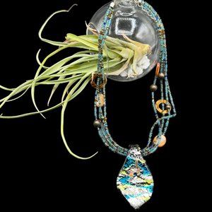 Glass Pendant Beaded Necklace Handmade Blue Green Fashion Jewelry Adjustable